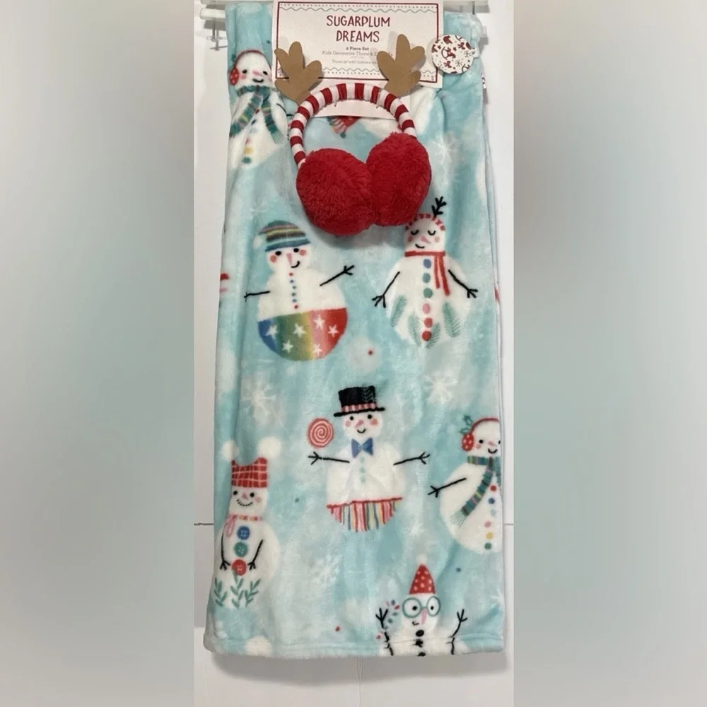 Sugarplum Dreams 2-Pc Set 50”x60” Throw Blanket & Earmuffs Colorful Snowman NWT